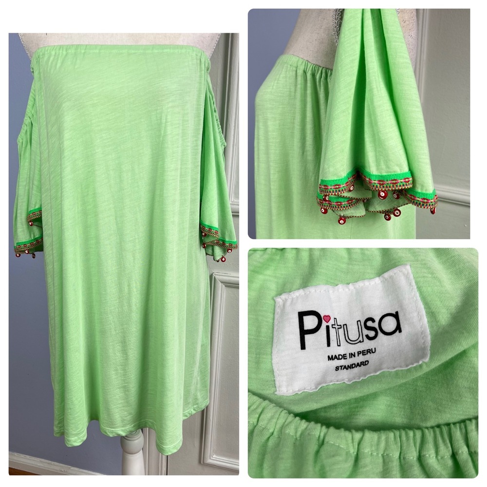 Pitusa Off the Shoulder Mini Dress Lime Green Beaded Embroidered Women's M/L/XL